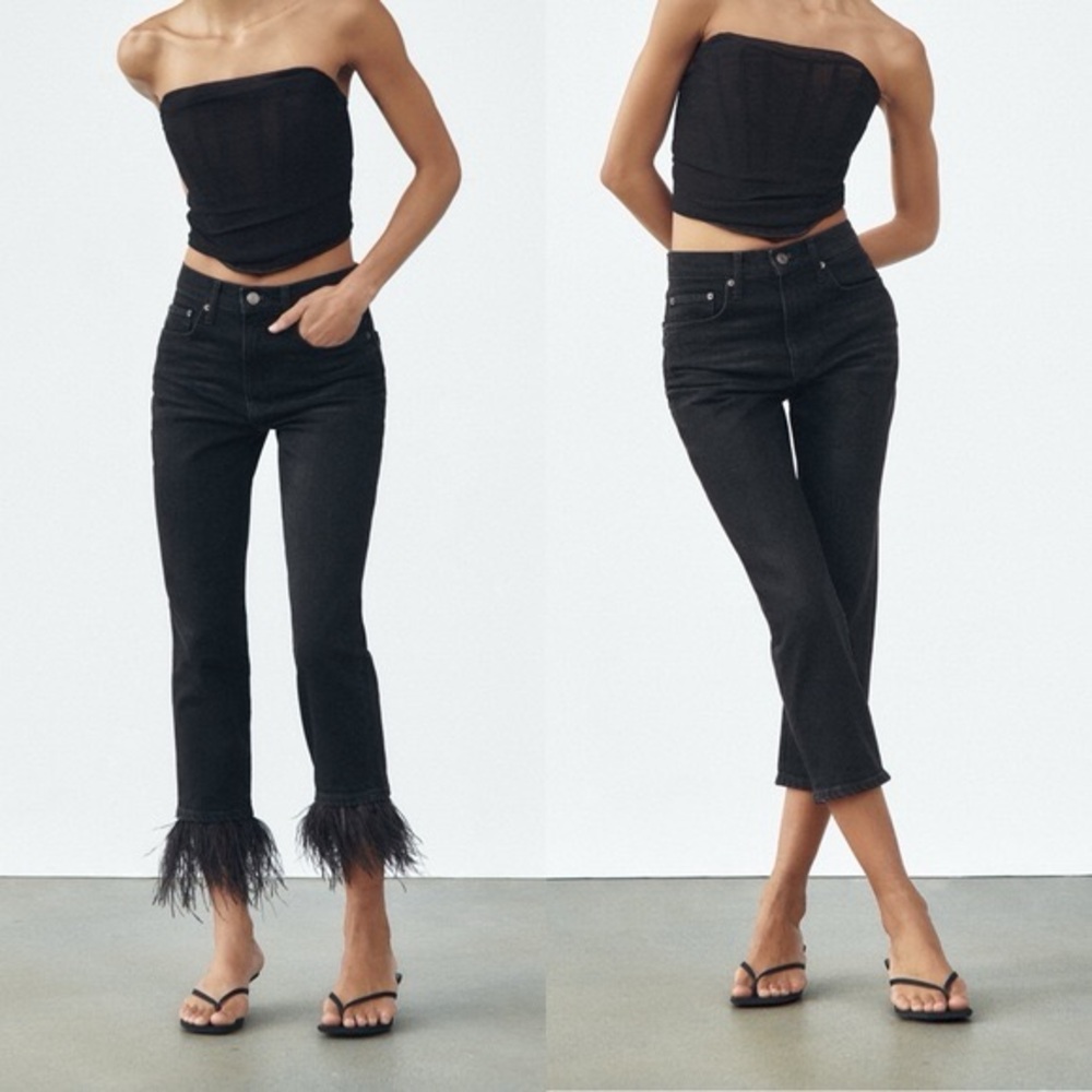 Zara high waisted feathered slim jeans